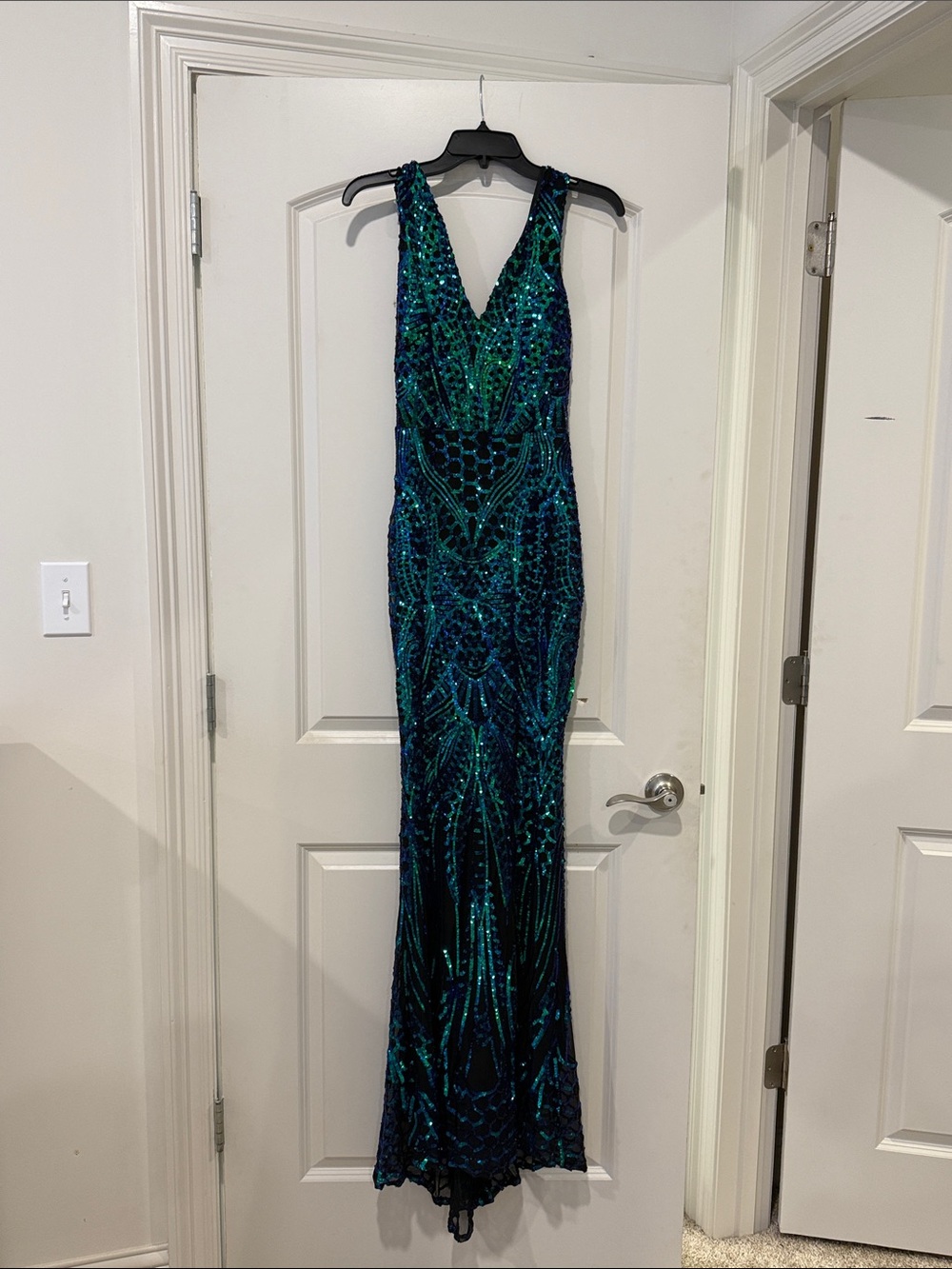 Emerald & Navy Sequin V-Neck Evening Gown